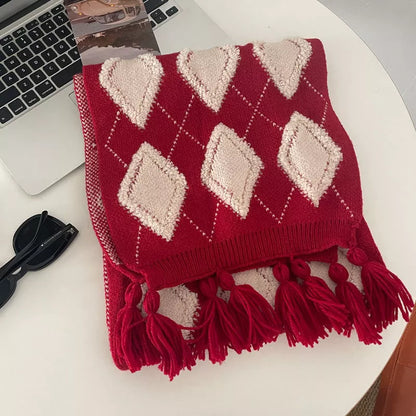 Diamond Pattern Knitted Tassel Scarf