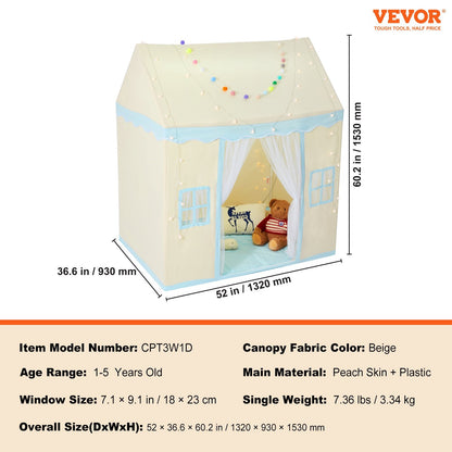 VEVOR Kids Play Tent, Kids Tent For Kids 1-5 Years Old, Toddler Tent With Mat And Tent Lamp, Tent For Kids With Windows For Indoor And Outdoor, Play House Castle Tent For Boys And Girls, Beige