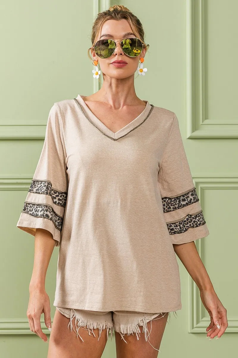 BiBi Triblend Knit Top with Leopard Band Detail