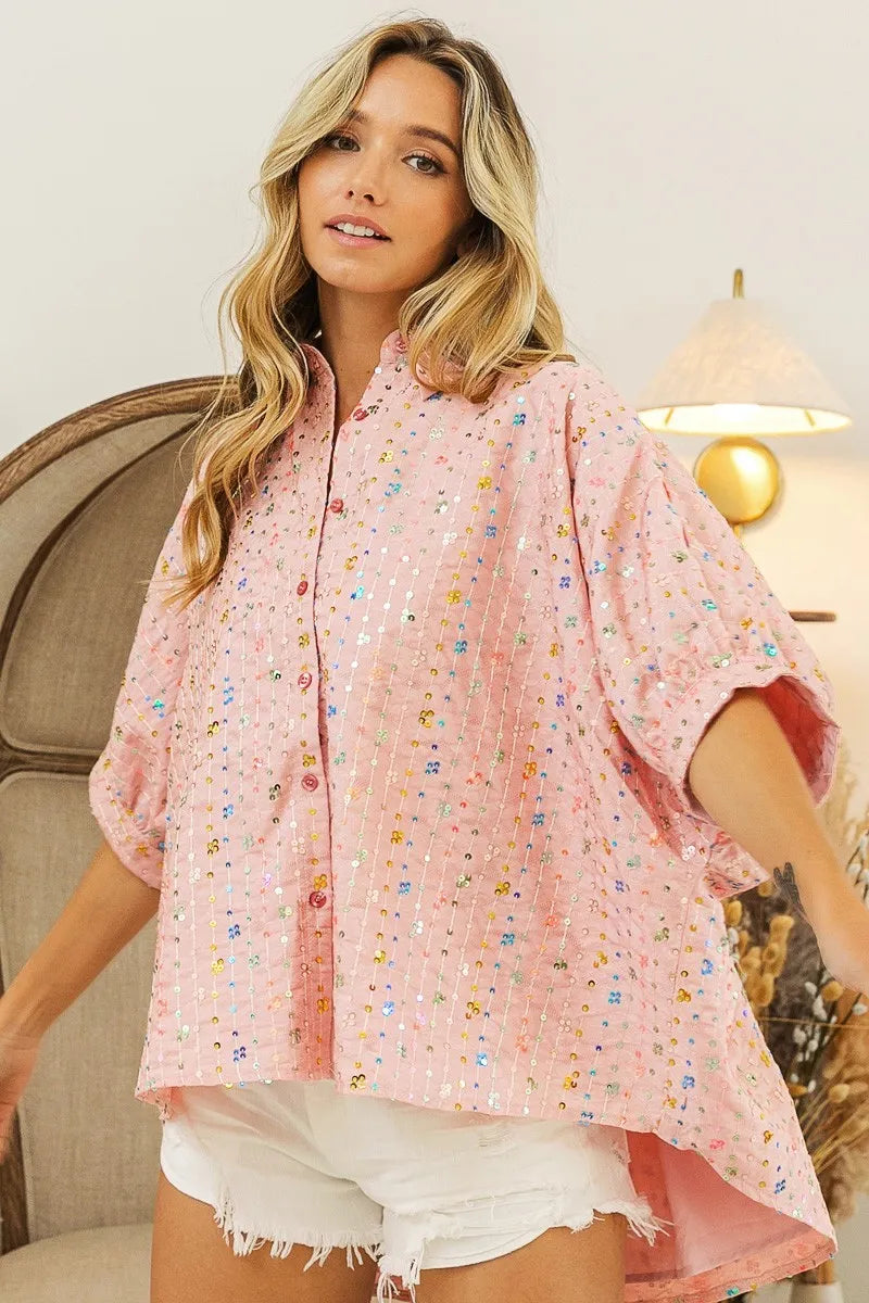 BiBi Sequin Striped Short Dolman Sleeve Blouse