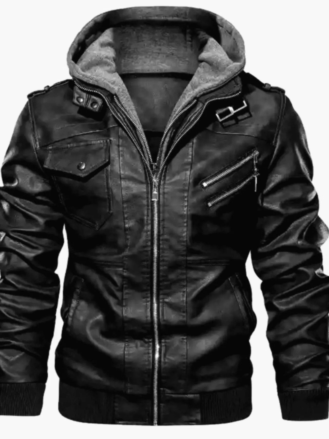 Men's Full Size Hooded Faux Leather Moto Jacket Plus Size