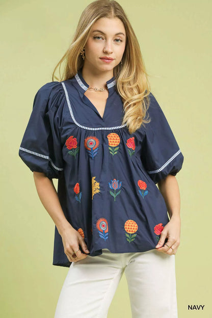 Umgee Embroidered Floral Puff Sleeve Top