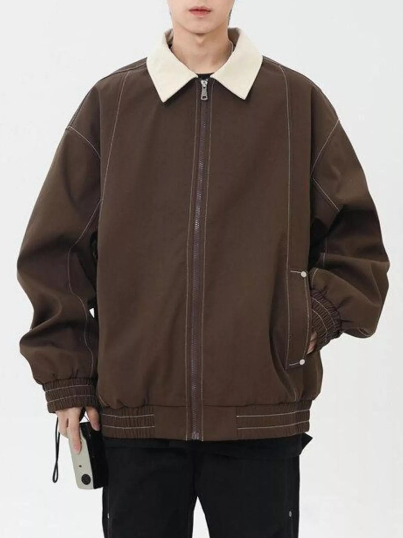 Men's Plus Size Collared Neck Zip-Up Jacket