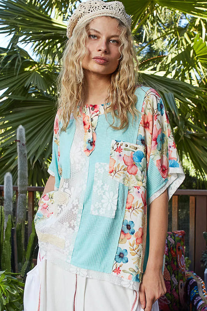 POL Lace Round Neck Short Sleeve Floral Pattern Top with Patch Detail