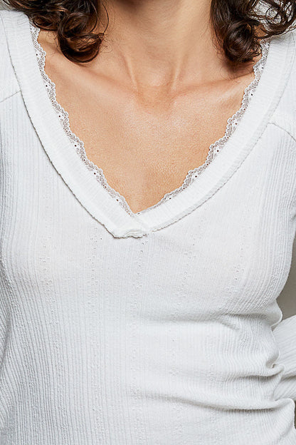 POL V-Neck Long Sleeve Ribbed Top with Lace-Accent Neckband