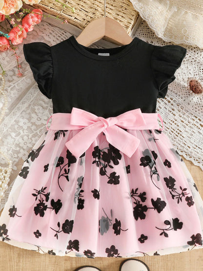 Children's Floral Print Mesh Bowknot Toddler Dress