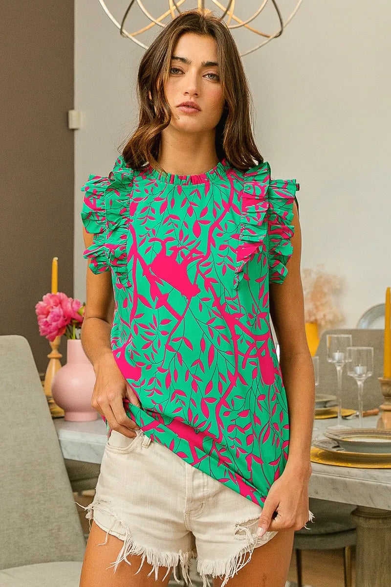 BiBi Leopard Leaves Print Woven Top