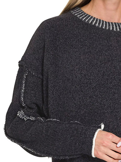 Zenana Exposed Seam Round Neck Two-Tone Sweater