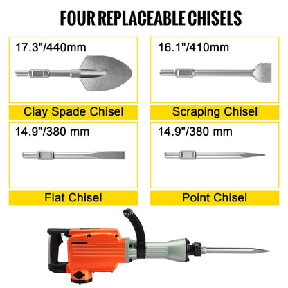 VEVOR Demolition Jack Hammer, 2200W 1400 BPM Jack Hammer Concrete Breaker, Heavy Duty Electric Jack Hammer 6pcs Chisels Bit With Gloves, Swiveling Front Handle For Trenching And Breaking Holes