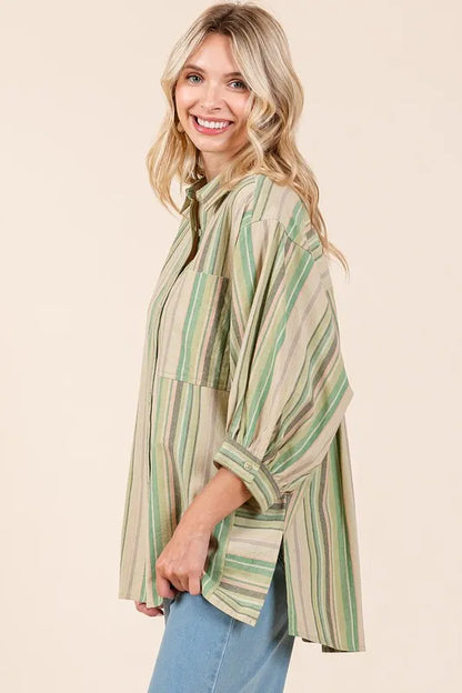 Mittoshop Striped Bubble Sleeve Button Down Shirt