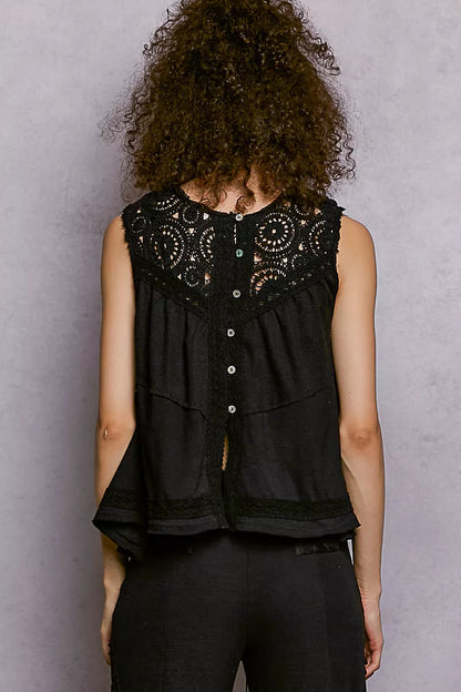 POL Round Neck Sleeveless Top with Crochet Contrast
