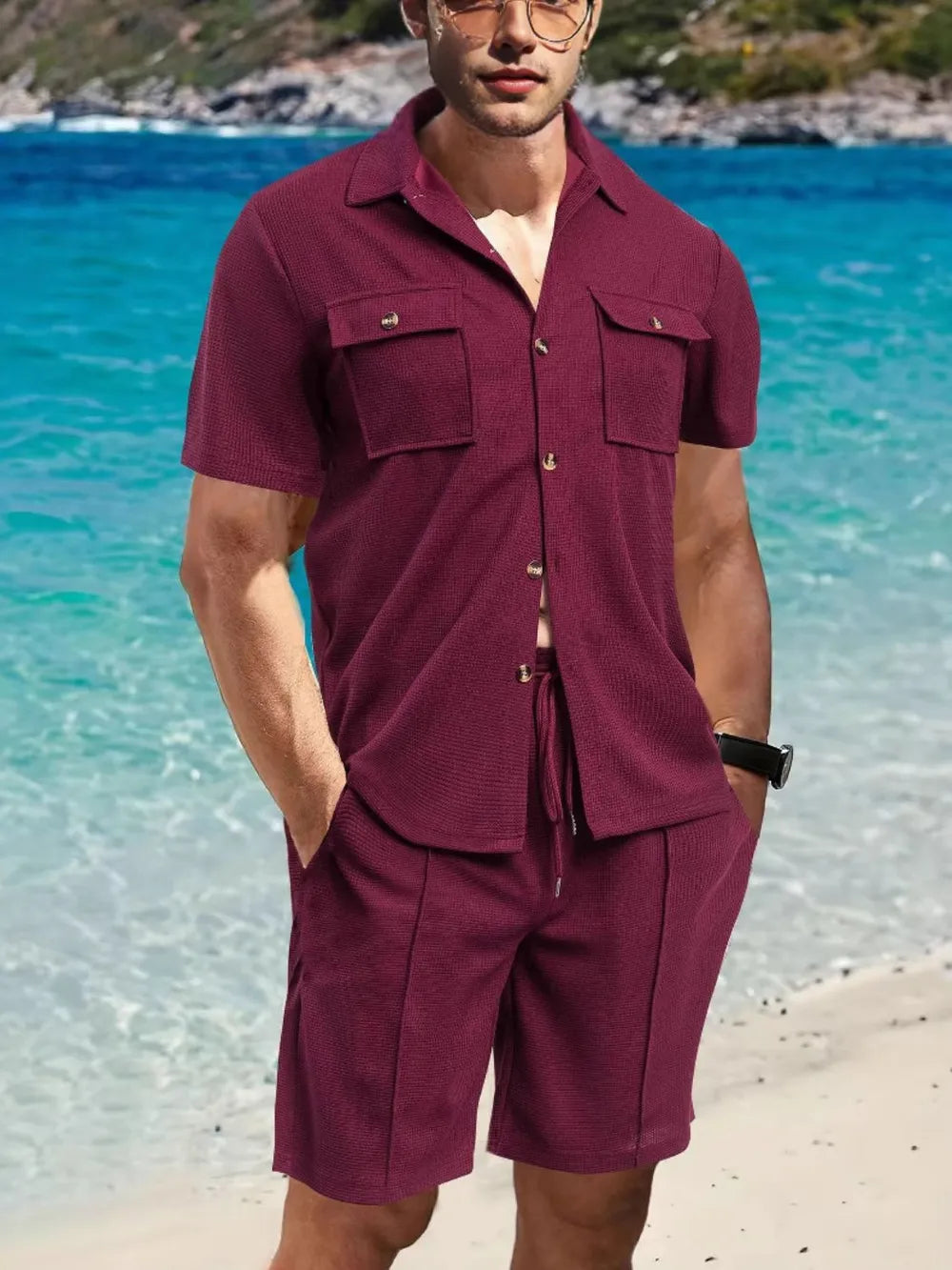 Men's Full Size Button Down Short Sleeve Top and Shorts Set Plus Size