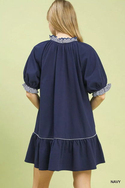 Umgee French Terry Mini Dress with Ruffled Striped Trim