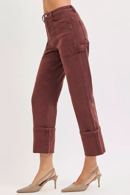 RISEN Full Size High Rise Wide Straight Cuffed Patch Jeans Plus Size