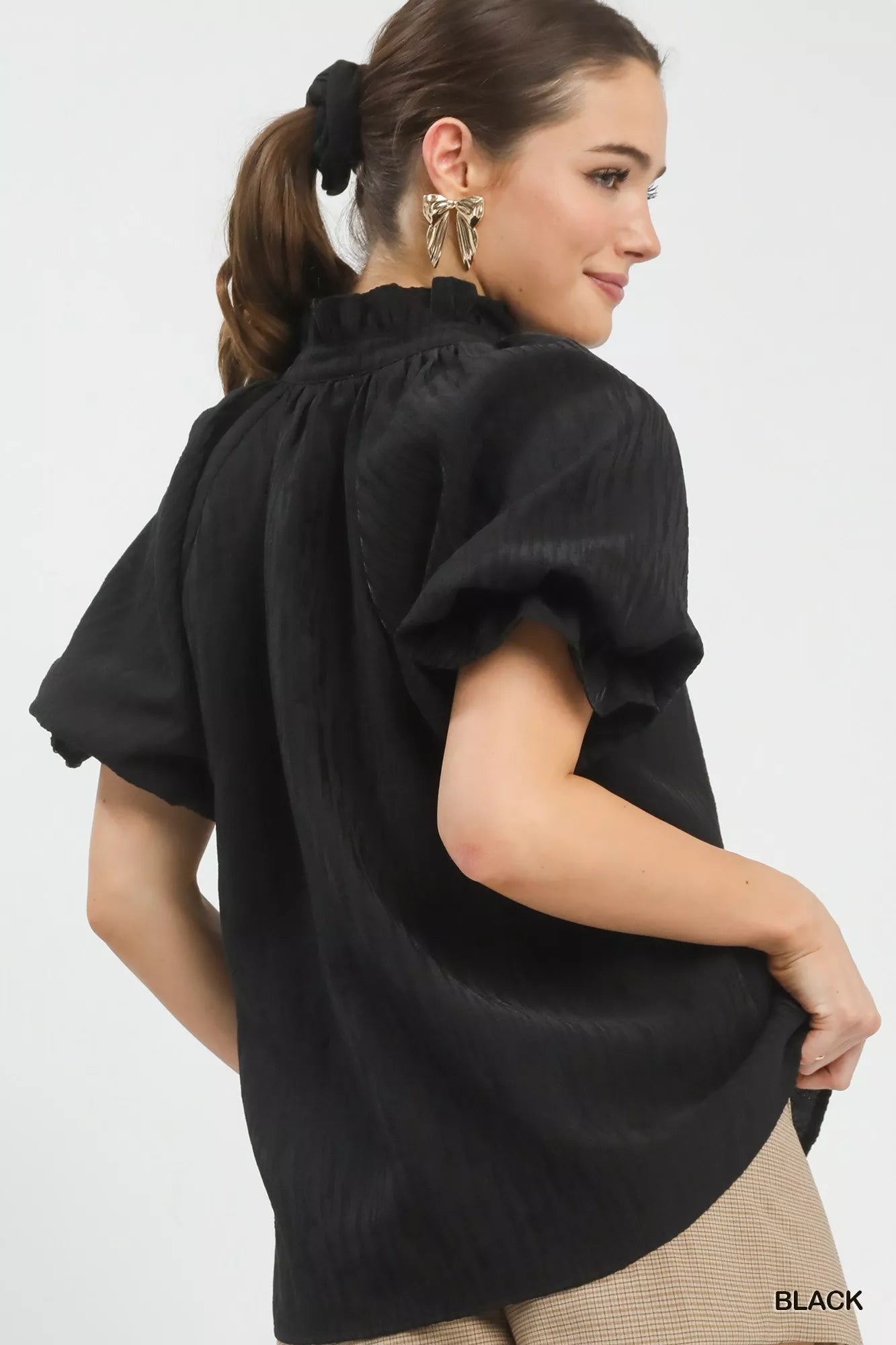 Umgee Textured Puff Sleeve Split Neck Top