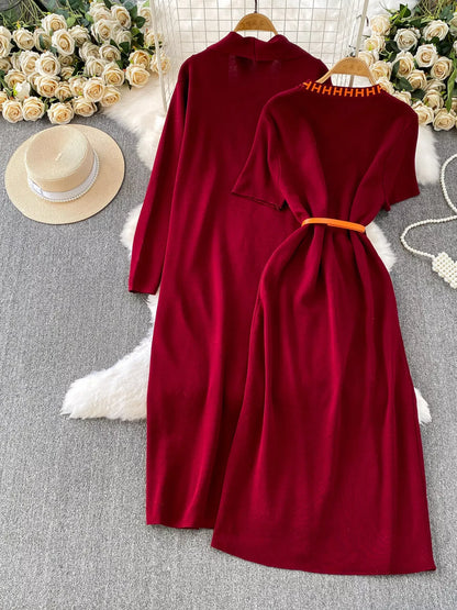 Round Neck Knitted Dress & Cardigan Set