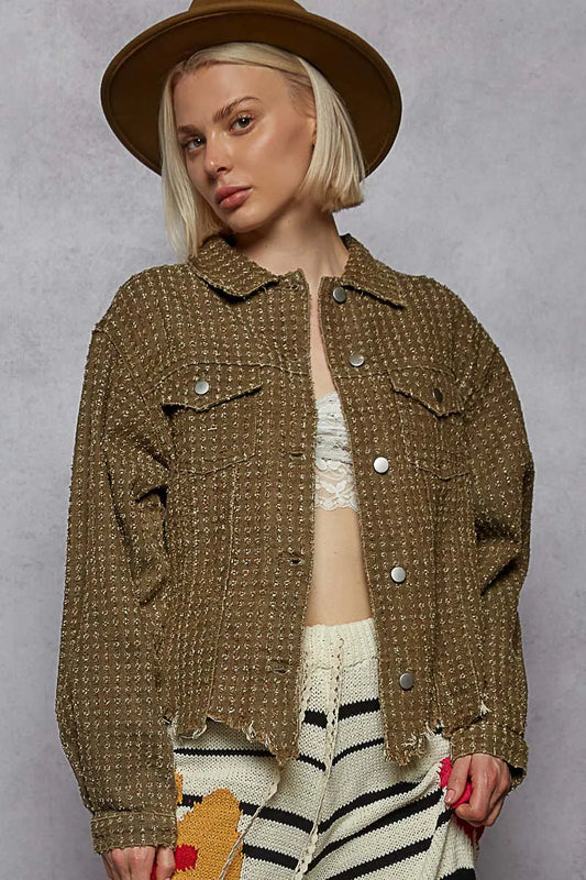 POL Raw Hem Button Up Jacket with Chest Pockets