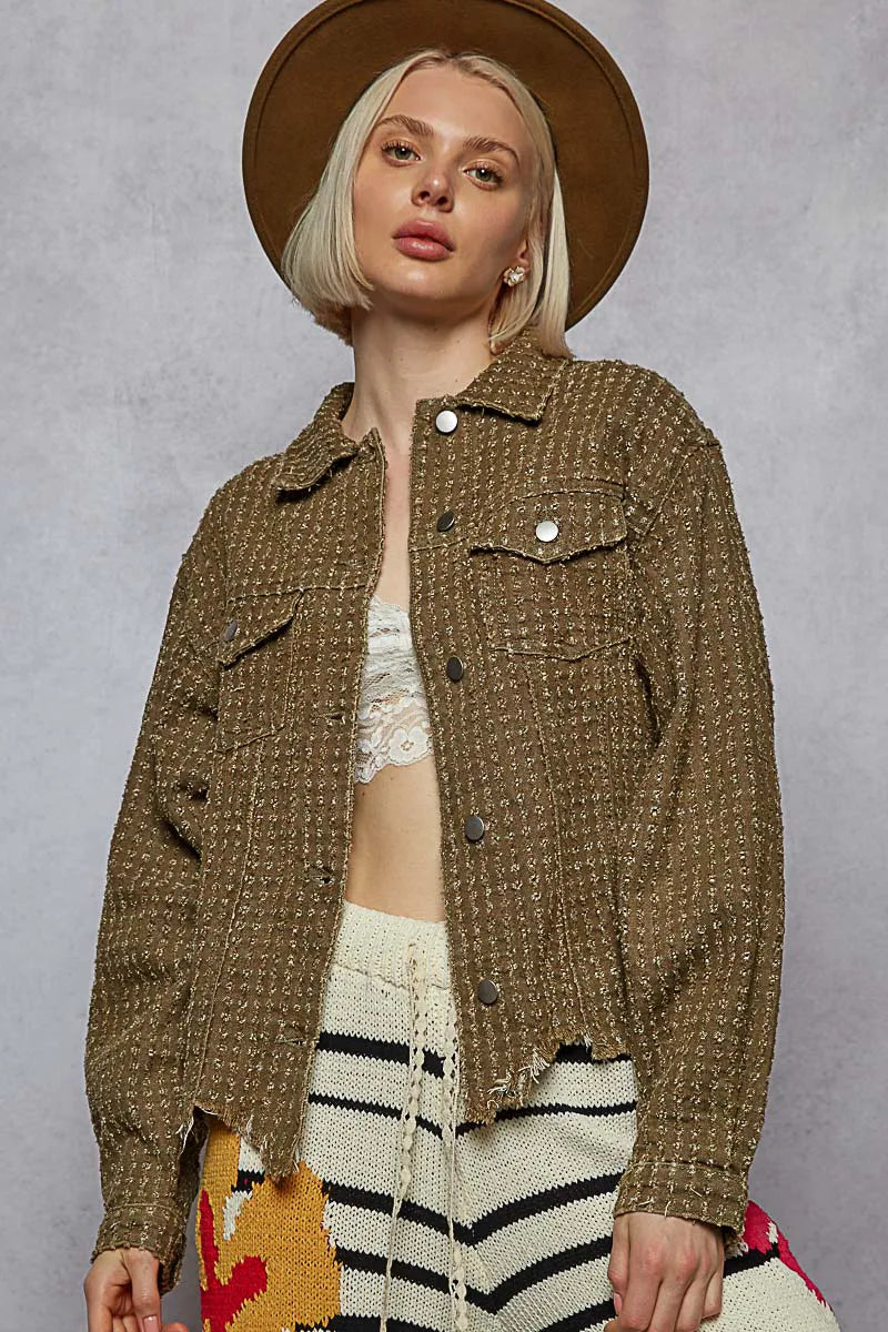 POL Raw Hem Button Up Jacket with Chest Pockets