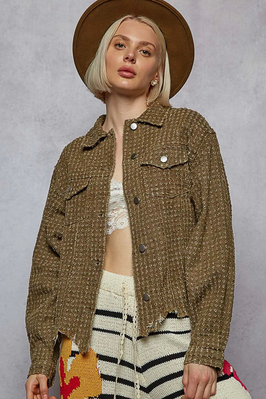 POL Raw Hem Button Up Jacket with Chest Pockets