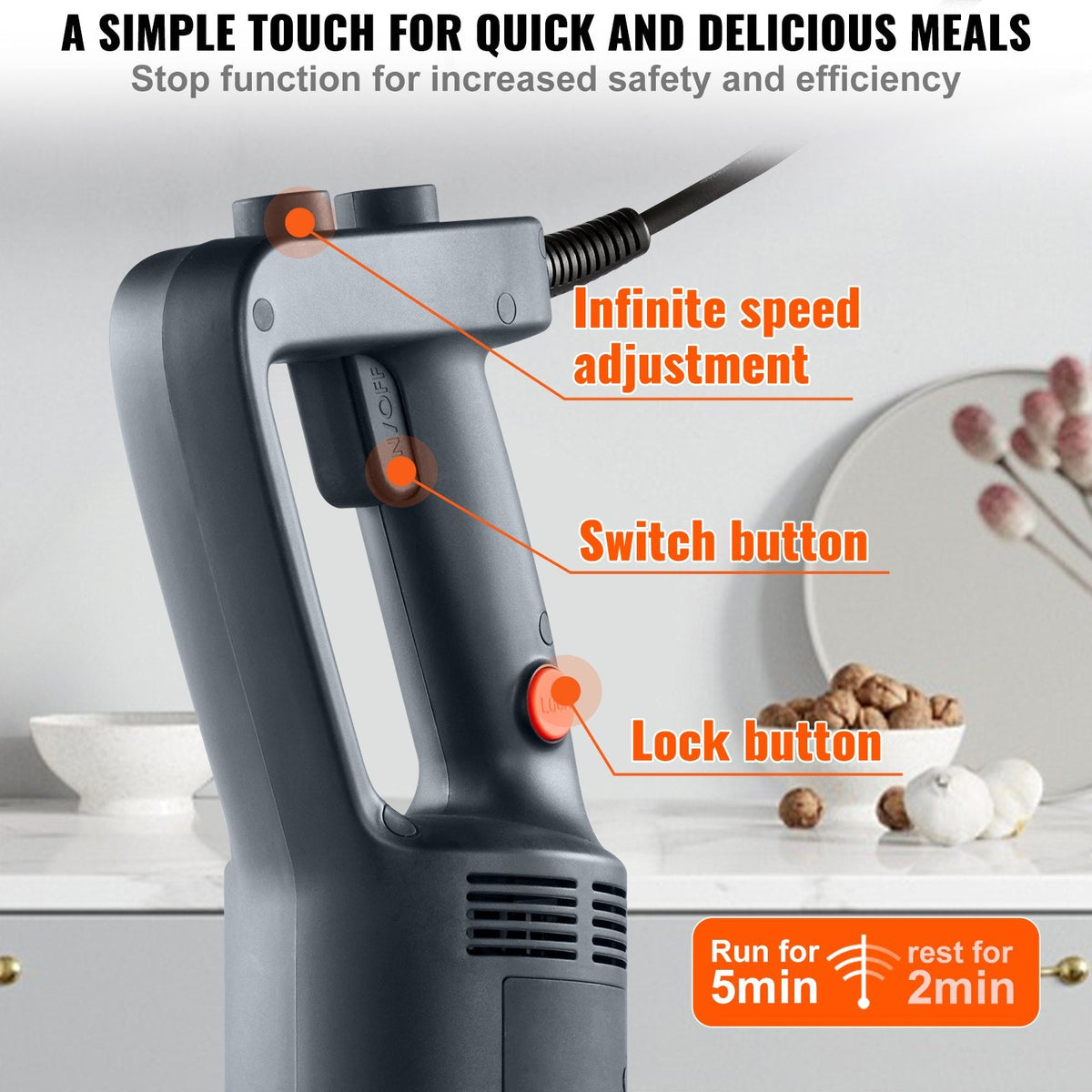 VEVOR Commercial Immersion Blender, 750W 16Heavy Duty Hand Mixer, Variable Speed Kitchen Stick Mixer With 304 Stainless Steel Blade, Multi-Purpose Portable Mixer For Soup, Smoothie, Puree, Baby Food