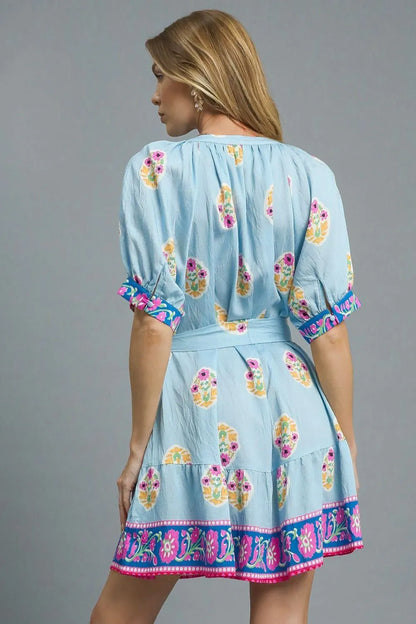 Umgee Floral Print Tie Waist Short Sleeve Dress