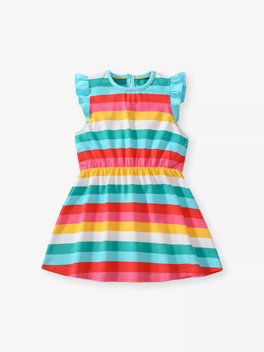 Children's Colorful Striped Ruffle Sleeve Dress