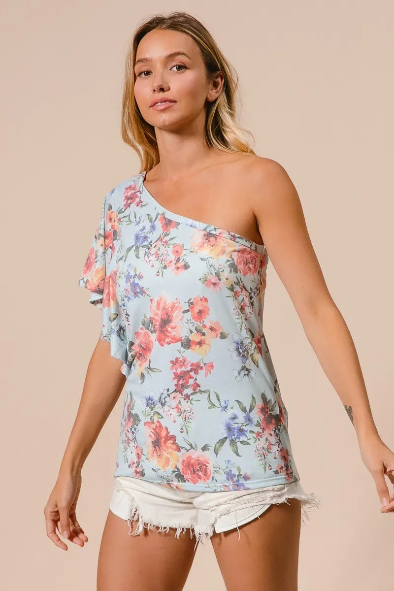 BiBi Floral Printed Jersey Knit Ruffle Sleeve Top