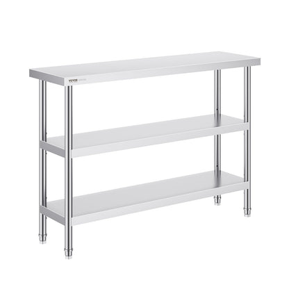 VEVOR Stainless Steel Food Prep Table, 14 X 48 X 34 Inch Commercial Kitchen Worktable, With 2 Adjustable Undershelf, Heavy Duty Prep Table Metal Work Table For BBQ, Kitchen, Home, And Garage