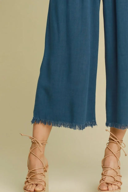 Umgee Full Size Linen Blend Elastic Waistband Wide Leg Pants Plus Size