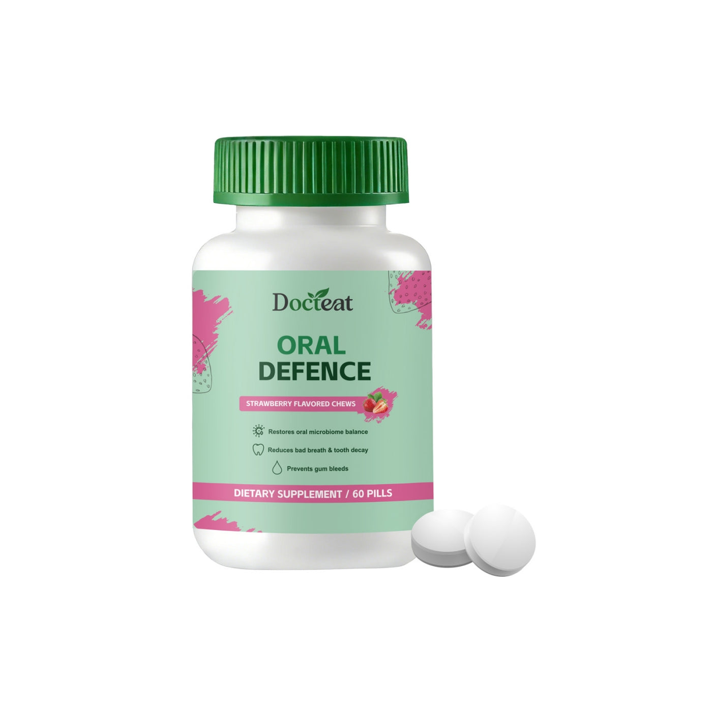 Docteat Oral Defence Oral Health Support Chewable Tablets, Strawberry Flavor, 62 Pills Dietary Supplement