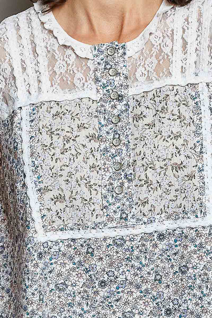 POL Printed Woven Lace Back Round Neck Sleeveless Top