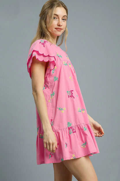 Umgee Floral Embroidered Short Sleeve Mini Dress