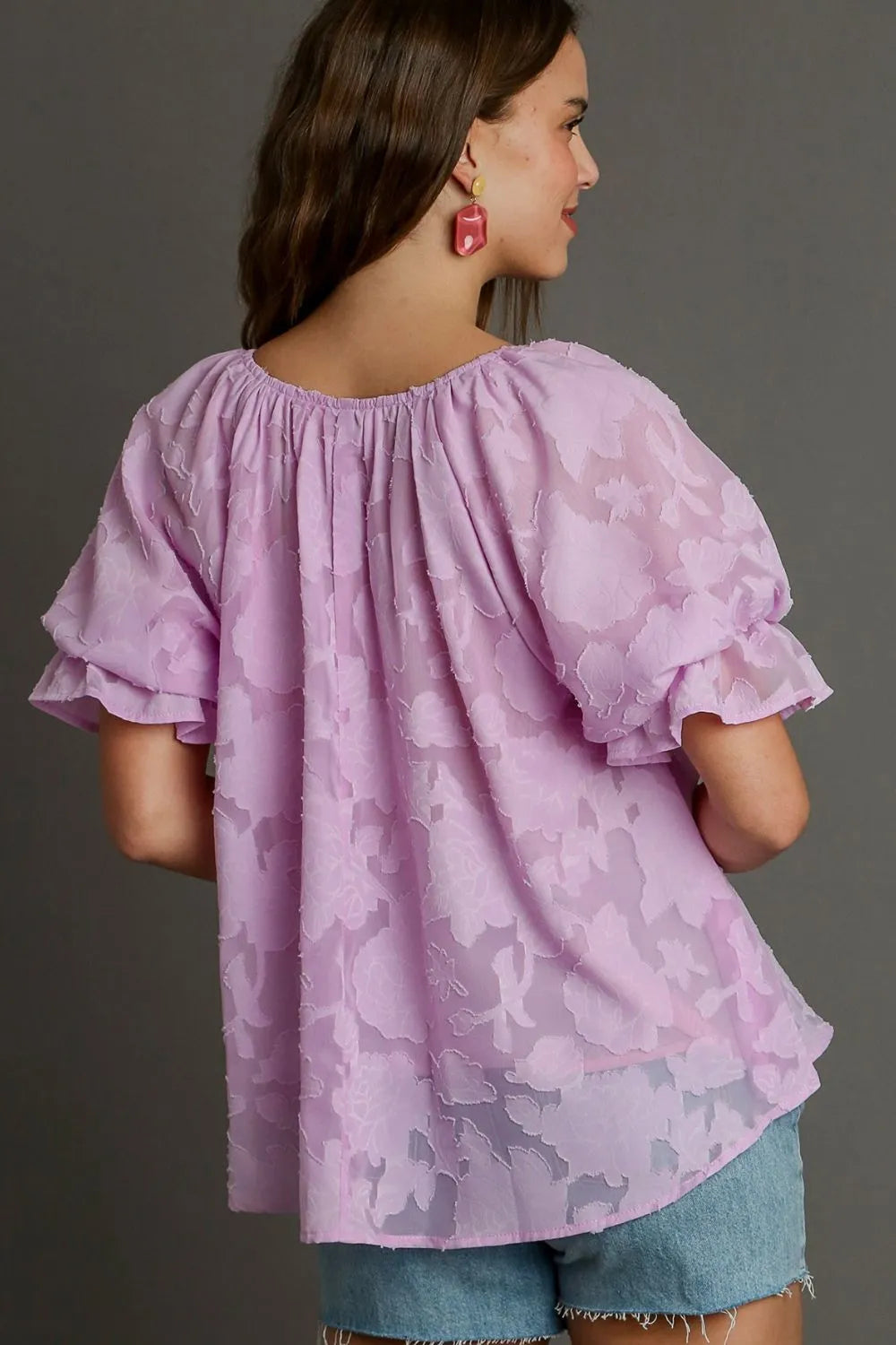 Umgee Full Size Jacquard Round Neck Ruffled Puff Sleeve Blouse Plus Size