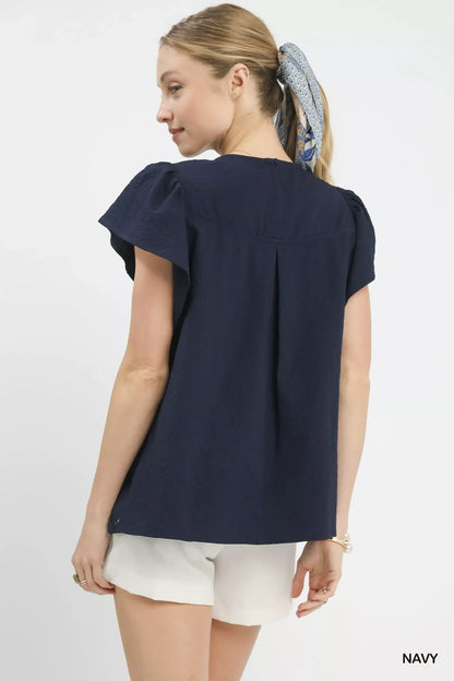 Umgee Floral Lace Overlay Flutter Sleeve Top