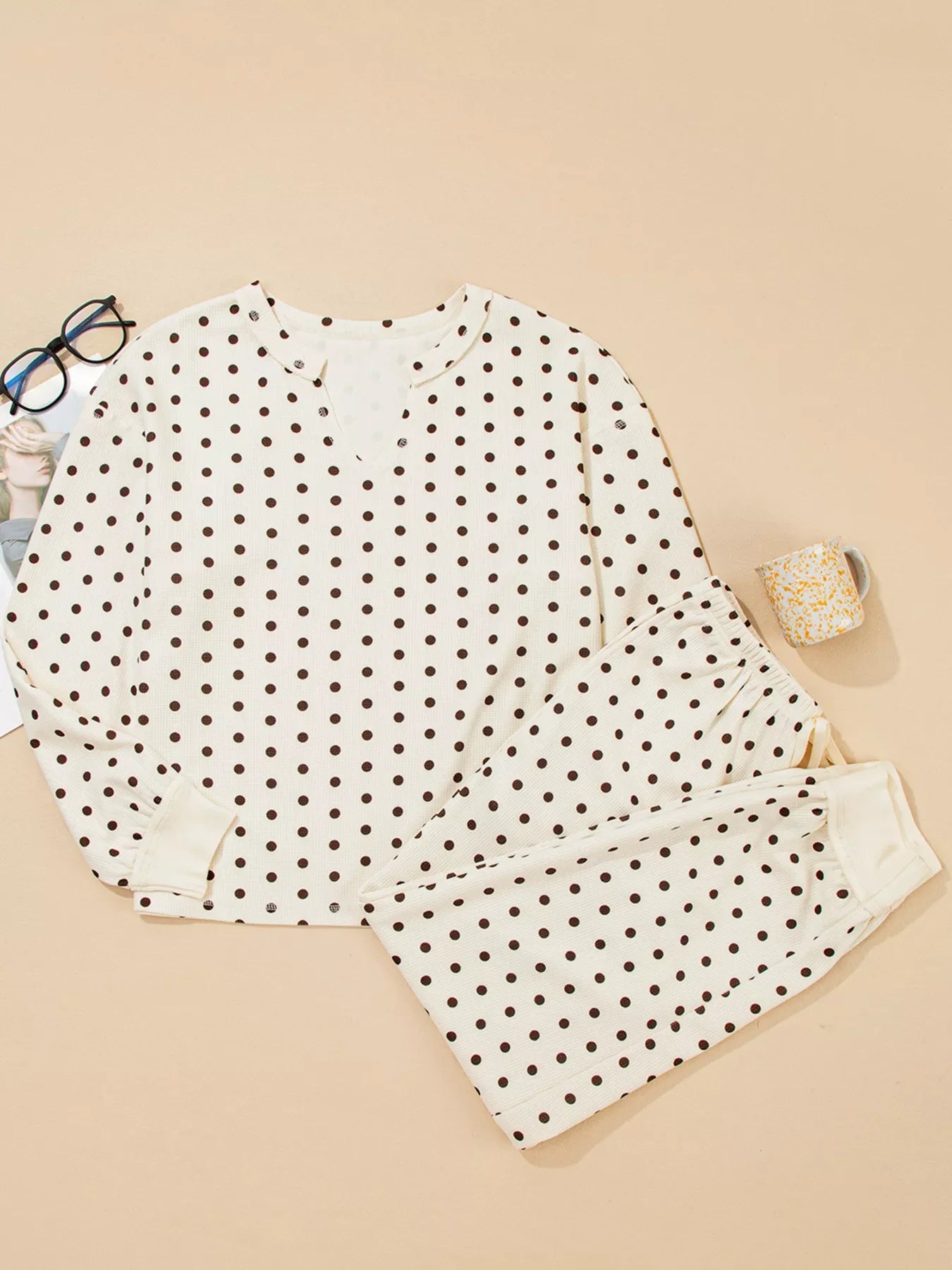 Polka Dot Notched Long Sleeve Top and Drawstring Joggers Lounge Set