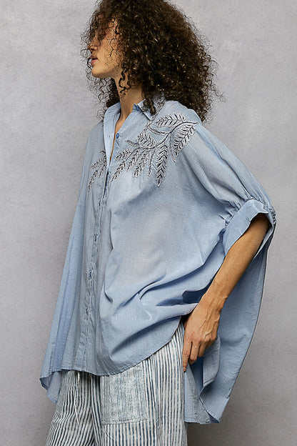 POL Button Down Embroidered Floral High-Low Hem Shirt