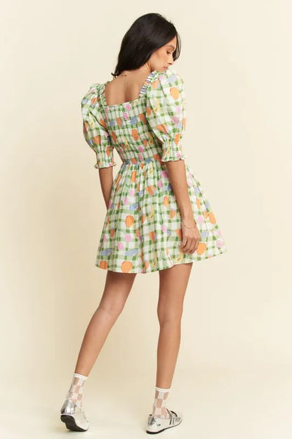 Davi & Dani Fruits Printed Smocking Mini Dress