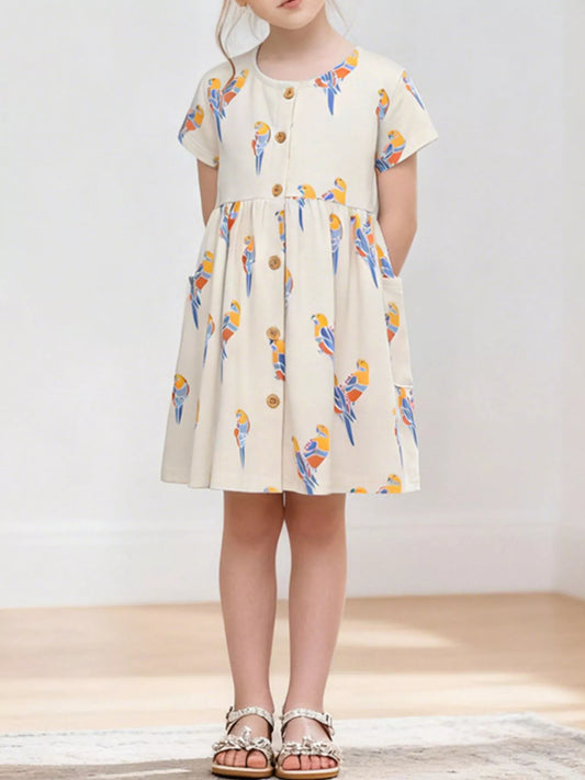 Children's Printed Parrot Button-Front Casual Dress