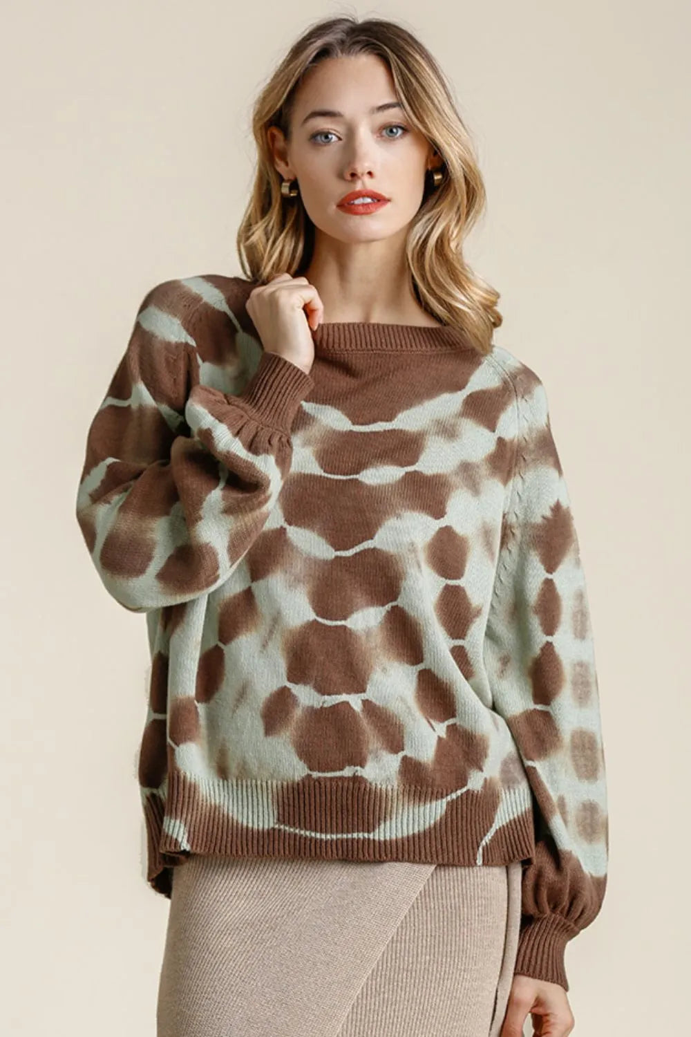 Umgee Full Size Ribbed Hem Tie Dye Round Neck Sweater Plus Size