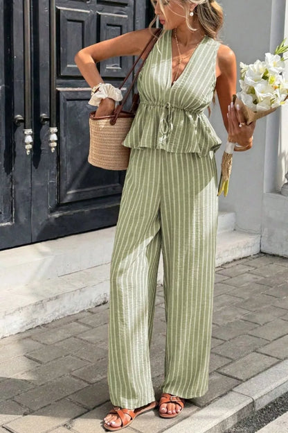 Striped Sleeveless Top and Wide Leg Pants Set