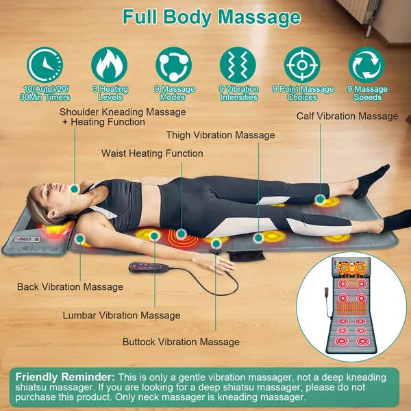Full Body Electric Massage Mat With Heat Vibration Massage Pad Cushion Back Massage Mattress Chair Pad With Neck Massage Pillow With 10 Vibration Motors Timer Anti-Slip Bottom Earplugs
