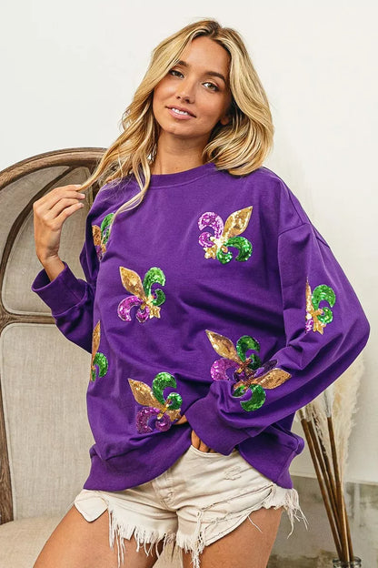 BiBi Fleur De Lis Sequin Patches Mardi Gras Sweatshirt