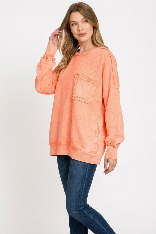 Zenana Halo Washed French Terry Exposed-seam Sweatshirt
