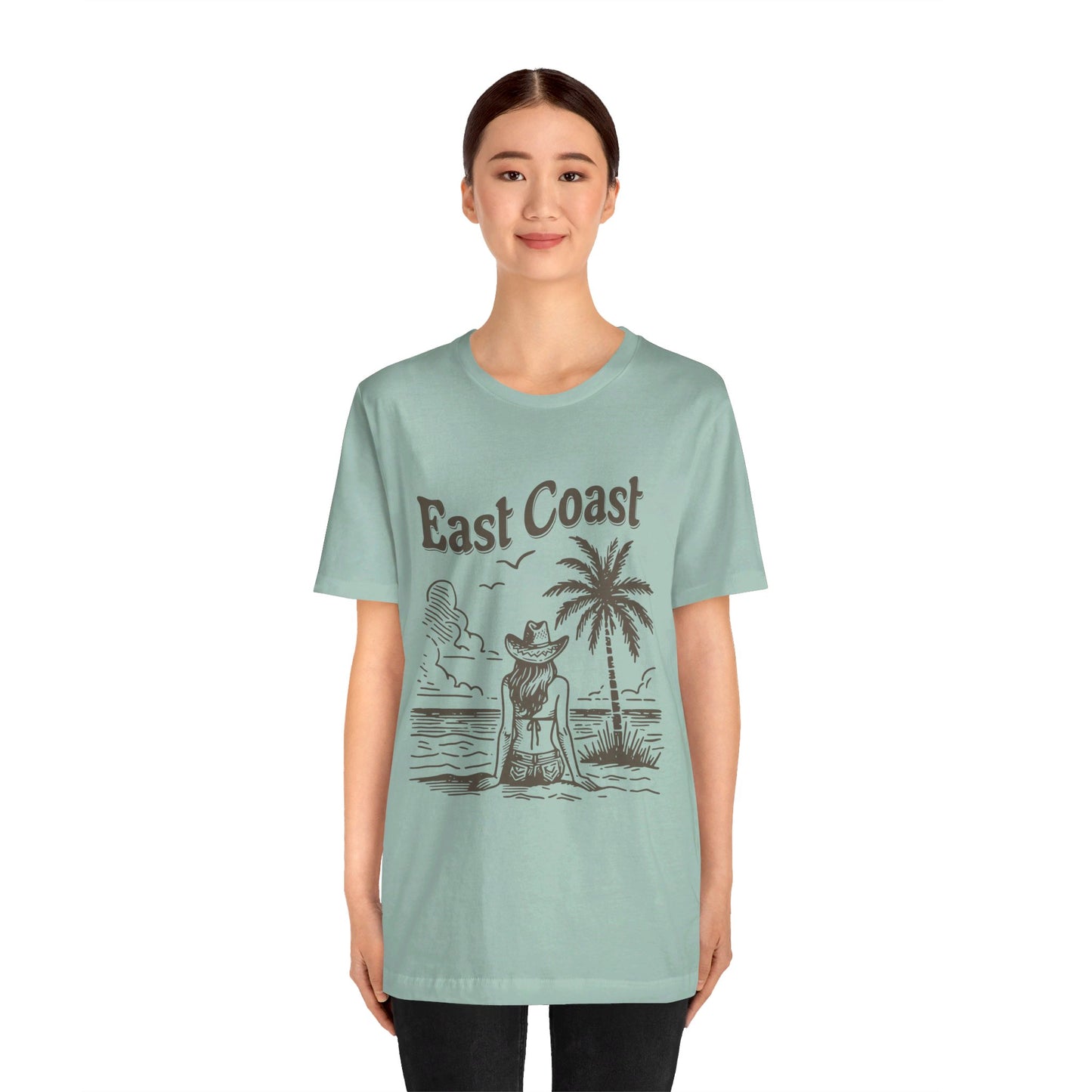 TS-038ML-24 women’s beach sketch shirt beach scene tee for women woman sitting on beach t-shirt beach lover shirt women’s coastal Art graphic tee
