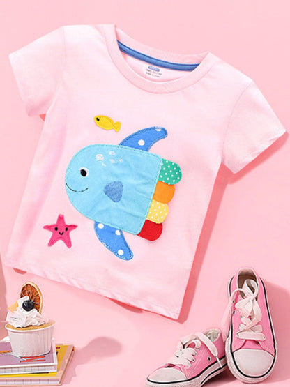 Children's Cartoon Fish Applique Short Sleeve T-Shirt