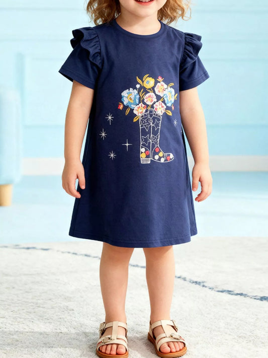 Children's Floral Boot Ruffle Sleeve Casual Dress