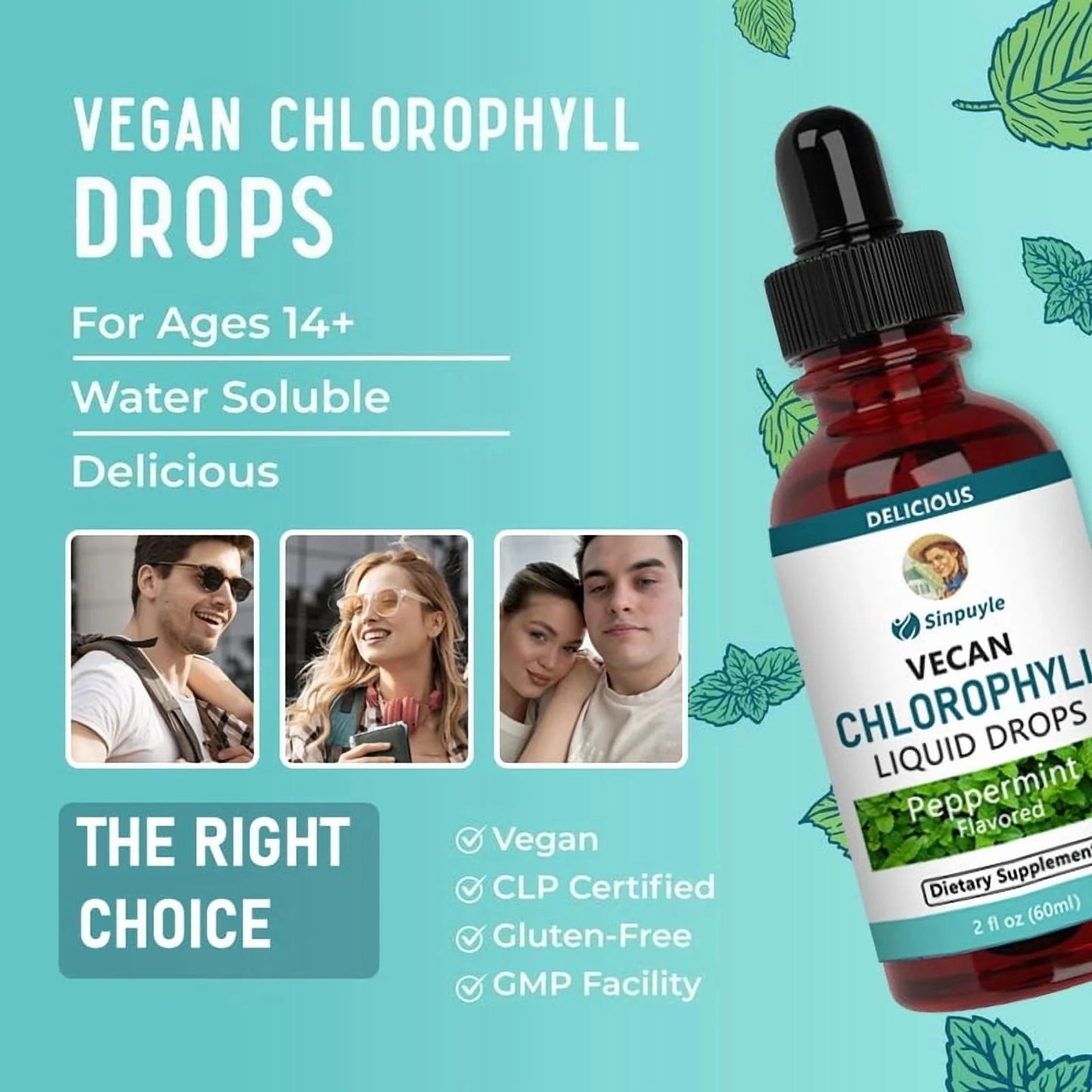 Vegan Chlorophyll Liquid Drops, Peppermint Flavored, Supports Detox And Fresh Breath, 60ml