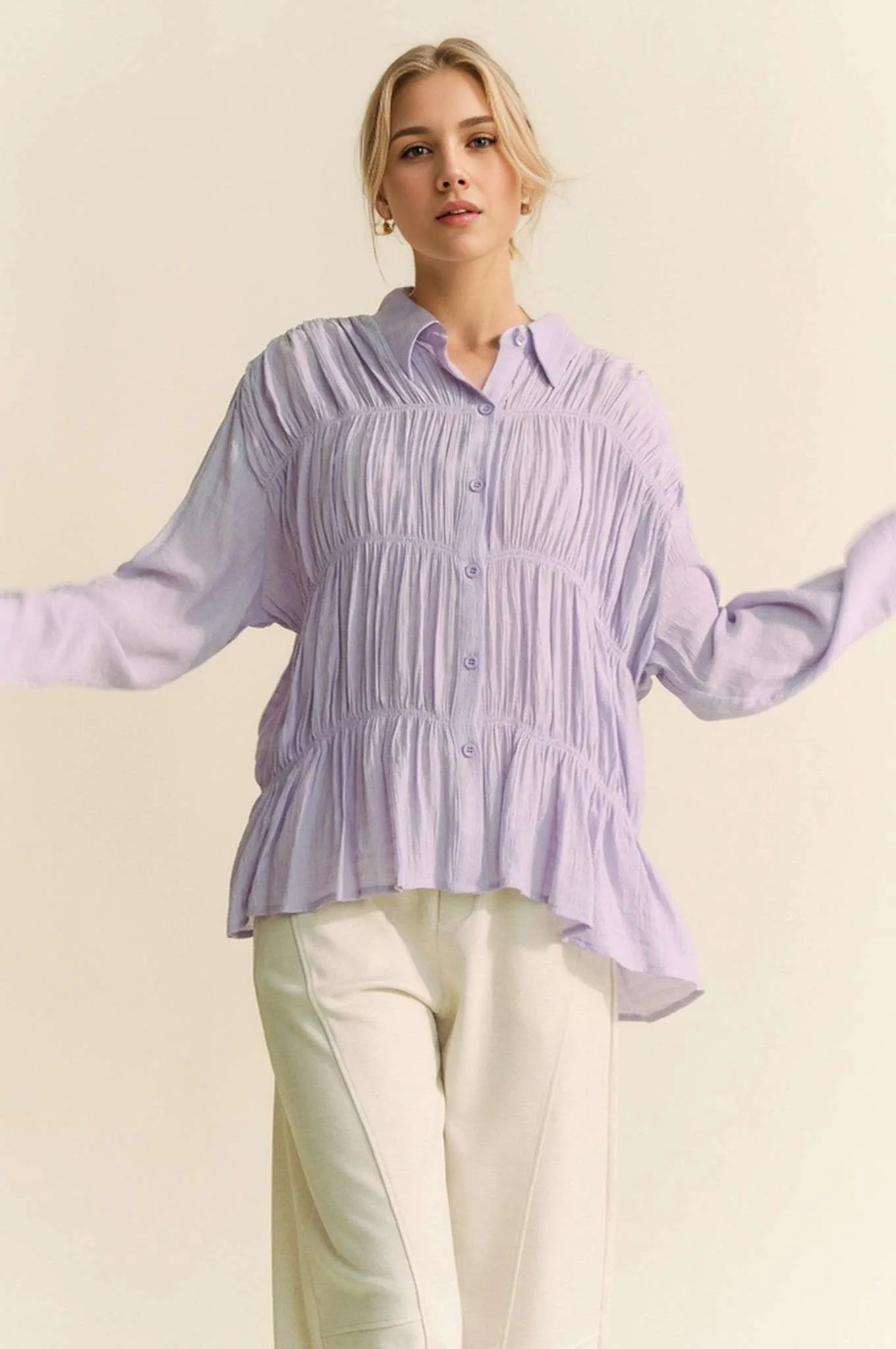Davi & Dani Ruched All Over Button Front Shirt