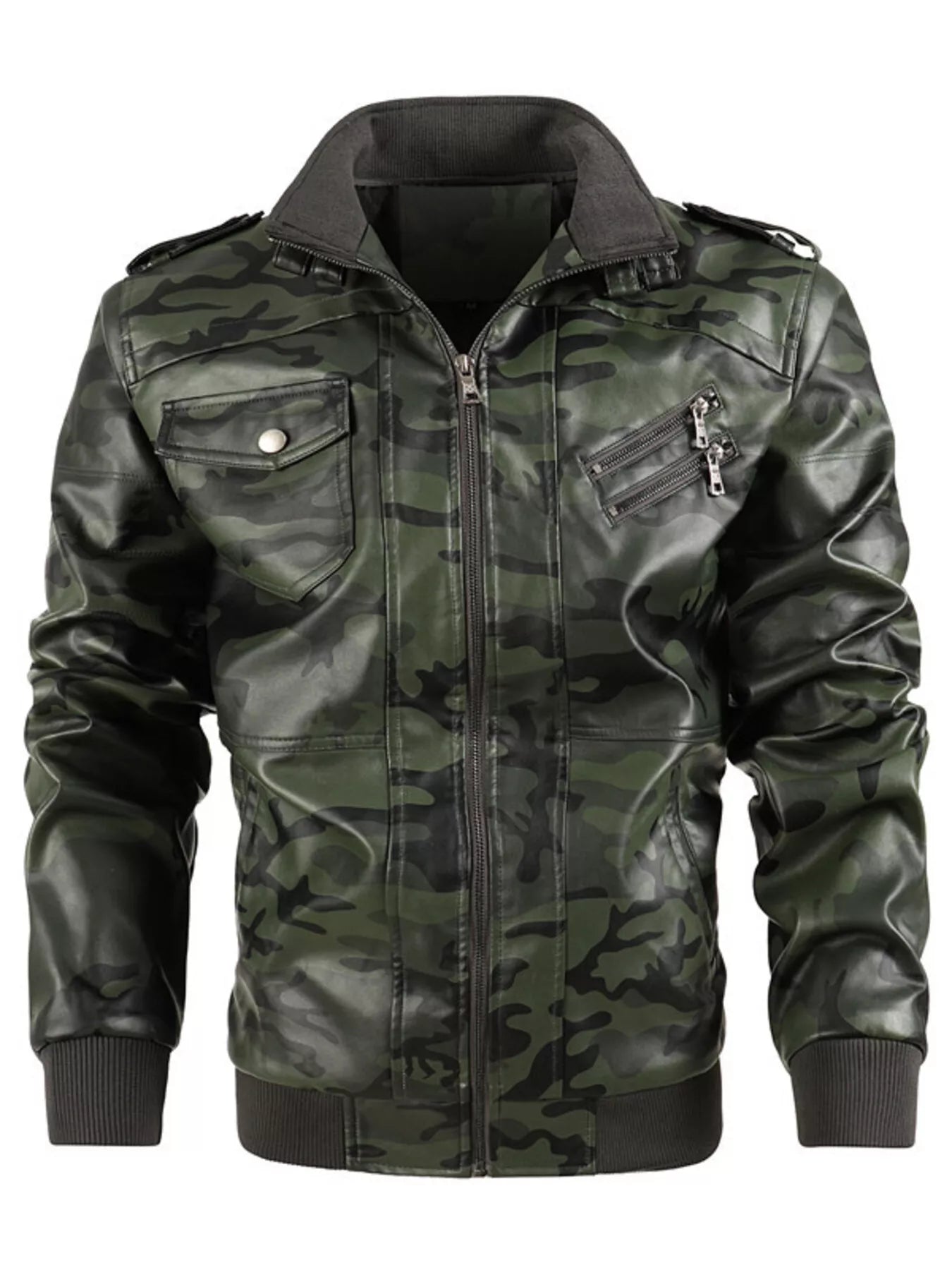 Men's Full Size Zip Up Camouflage Faux Leather Jacket Plus Size