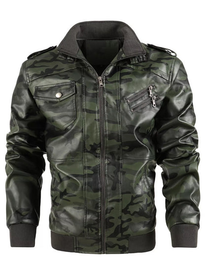 Men's Full Size Zip Up Camouflage Faux Leather Jacket Plus Size
